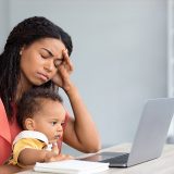 single mom with caregiving stress