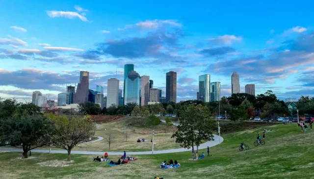 Downtown Houston with a blue sky.