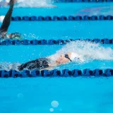 A woman swimming laps in a pool.